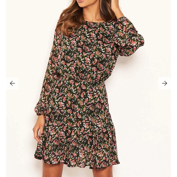 Chiffon Ditsy Floral Dress - Black - Picture 2 of 6